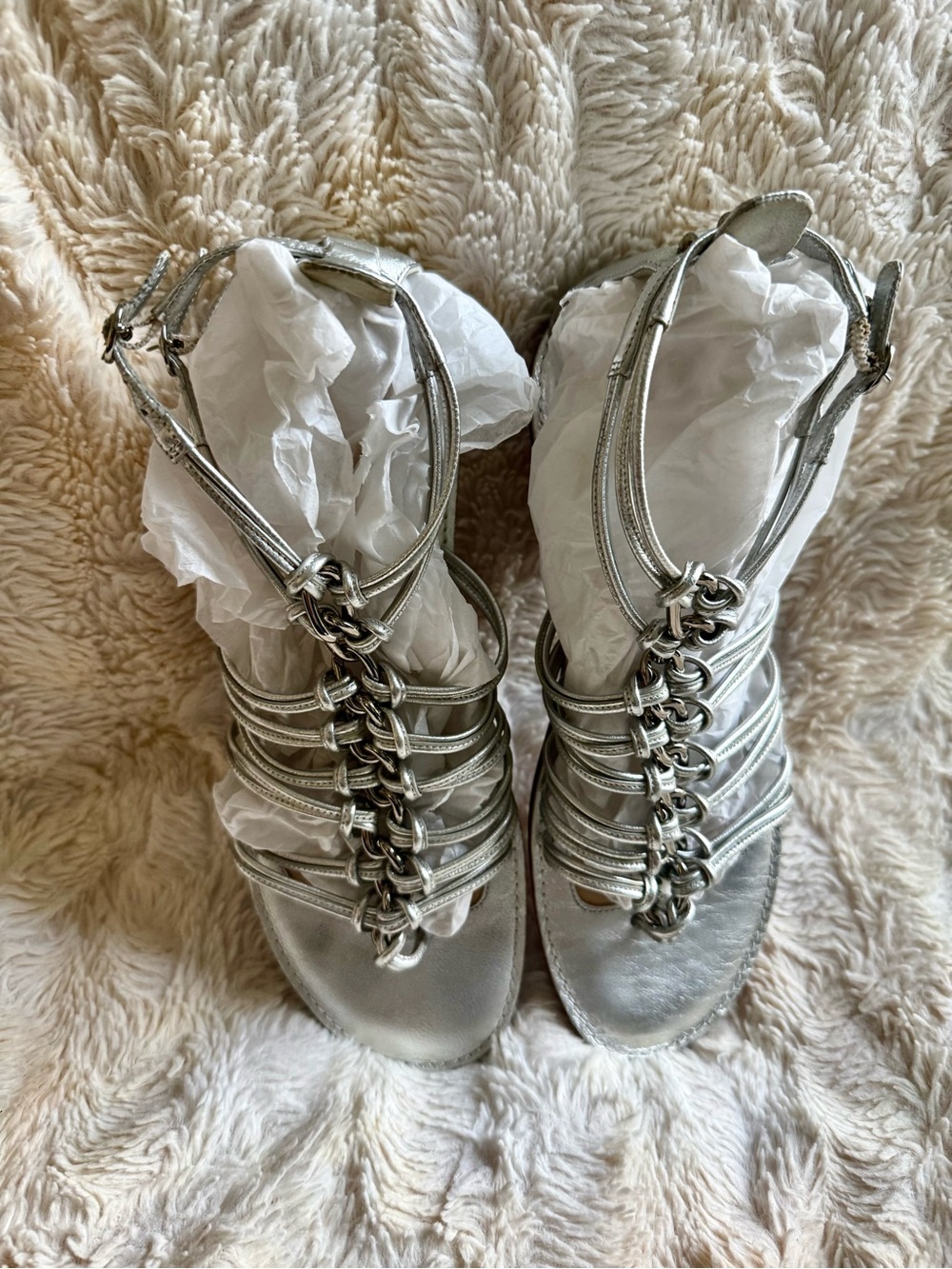 Coach Women's Silver Strappy Gillian Gladiator Sandals with Chain Detail